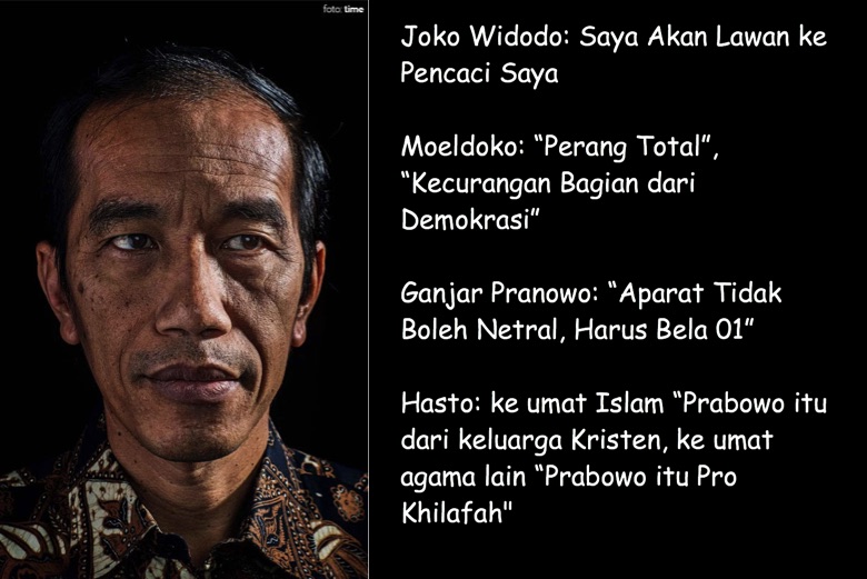 Prabowo ke Pendukungnya: Pemilu Itu Harus Jujur, Jangan Curang, Jangan Nodai Pesta Demokrasi. Jokowi ke Pendukungnya: Harus Menang, Gimanapun Caranya